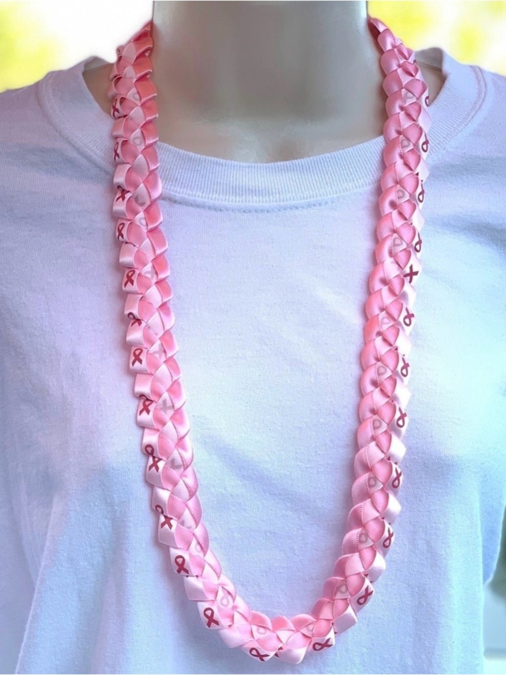 Breast Cancer Awareness Braided Pink Satin Ribbon Lei Necklace, Handmade